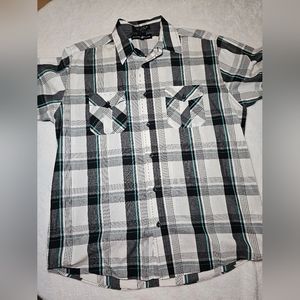 Beverly Hills Polo Club Mens Shirt XL Grey Blue White Plaid Short Sleeve Button